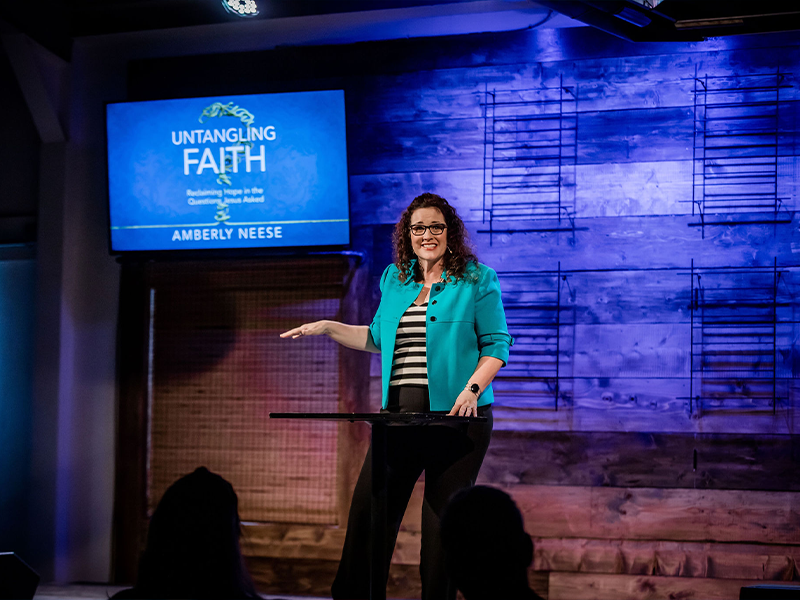 Amberly Neese teaching from her book Untangling Faith